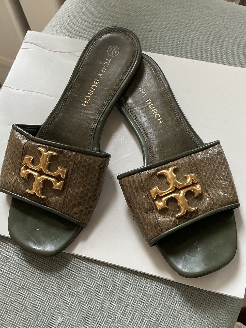 Tory Burch Olive and Brown Logo Slide Leather upper Sandals